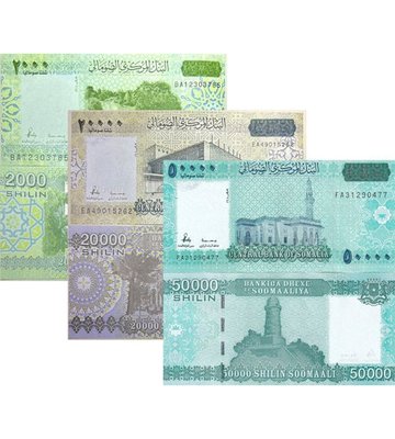 3 banknotes 2000, 20000, 50000 Shillings, Somalia, UNC