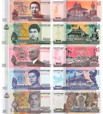 5 banknotes 100 - 2000 Riels, Cambodia, 2012 - 2022, UNC