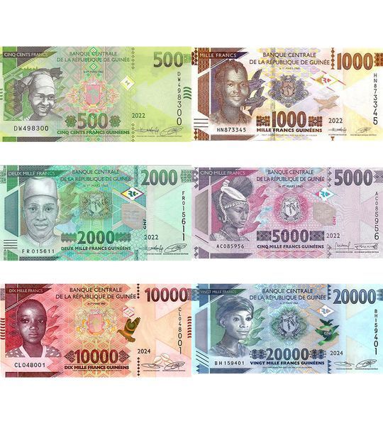 6 банкнот 500, 1000, 2000, 5000, 10000, 20000 Francs, Гвінея, 2022 - 2024 рік, UNC 004197 фото 6 банкнот 500, 1000, 2000, 5000, 10000, 20000 Francs, Гвінея, 2022 - 2024 рік, UNC 004197 фото