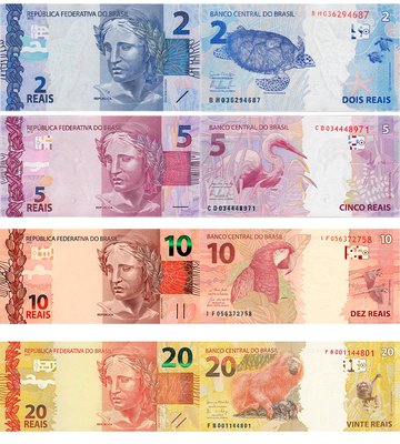 4 banknotes 2, 5, 10, 20 Reais, Brazil, 2010 - 2020, UNC