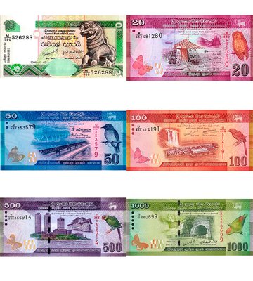 6 banknotes 10, 20, 50, 100, 500, 1000 Rupees, Sri Lanka, 2006 - 2021, UNC