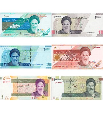 6 банкнот 5000 - 100000 Rials, Іран, 2015 - 2022 рік, UNC 000097 фото