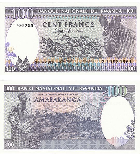 100 Franchi, Ruanda, 1989, UNC 003954 фото 100 Franchi, Ruanda, 1989, UNC 003954 фото