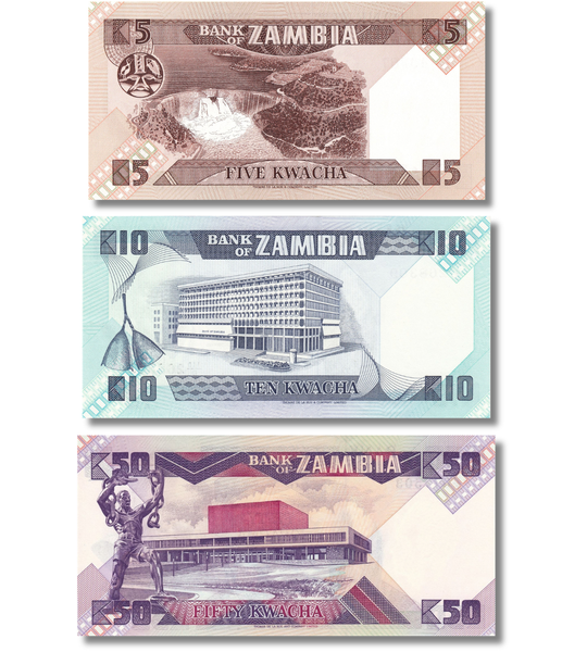 3 banconote 5, 10, 50 Kwacha, Zambia, 1980 - 1988, UNC 005599 фото