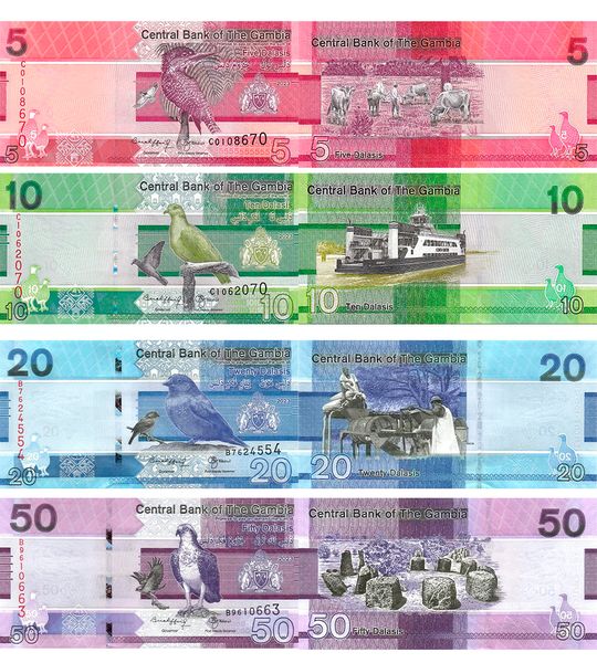 4 banknoty 5, 10, 20, 50 Dalasis, Gambia, 2023, UNC