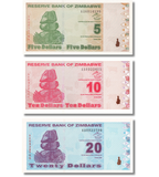 3 billetes 5, 10, 20 D&oacute;lares, Zimbabue, a&ntilde;o 2009, UNC 005600 фото