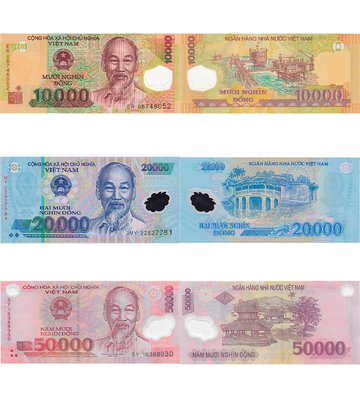 3 banknotes 10000, 20000, 50000 Dong, Vietnam, 2019 - 2022, UNC Polymer