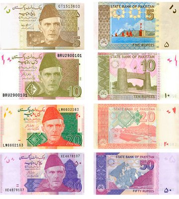 4 banknoty 5, 10, 20, 50 Rupees, Pakistan, 2009 - 2022, UNC