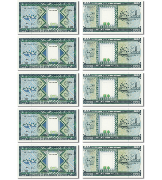 10 banknot&oacute;w 1000 Ouguiya, Mauretania, 1989, UNC