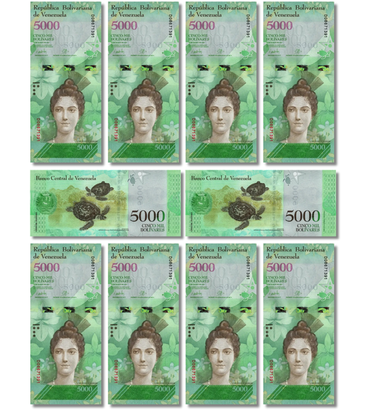 10 banknotes of 5000 Bolivares, Venezuela, UNC