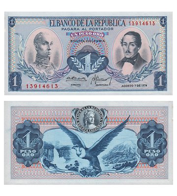 1 Peso, Kolumbia, 1974, UNC
