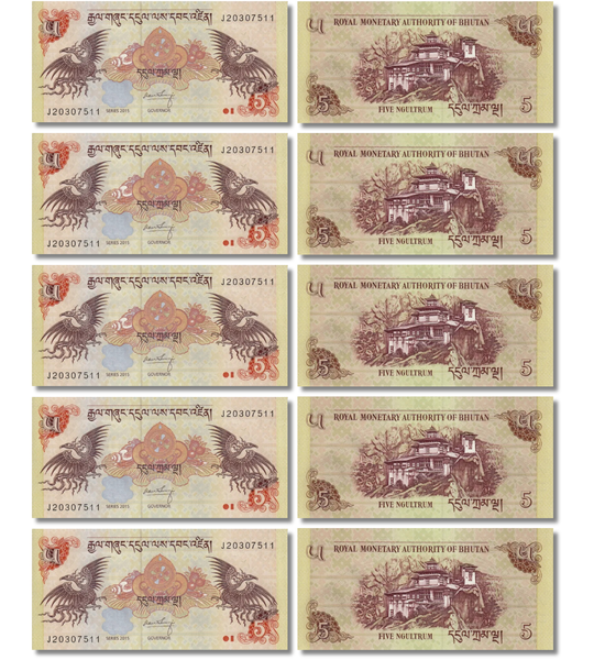10 أوراق نقدية فئة 5 نغولتروم، بوتان، 2015، غير متداول 001468 фото