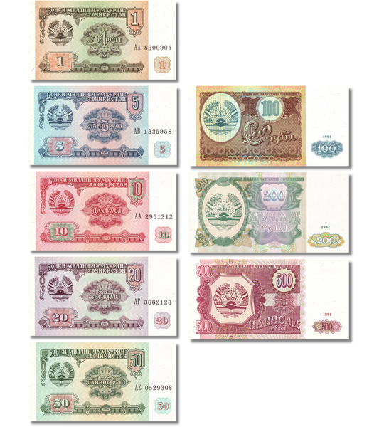8 张 1, 5, 10, 20, 50, 100, 200, 500 卢布纸币, 塔吉克斯坦, 1994 年, UNC 005253 фото