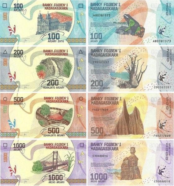 4 banknotes 100, 200, 500, 1000 Ariary, Madagascar, 2017, UNC
