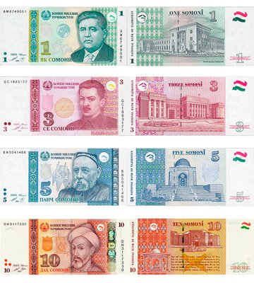 4 banknotes 1, 3, 5, 10 Somoni, Tajikistan, 2010 - 2021, UNC