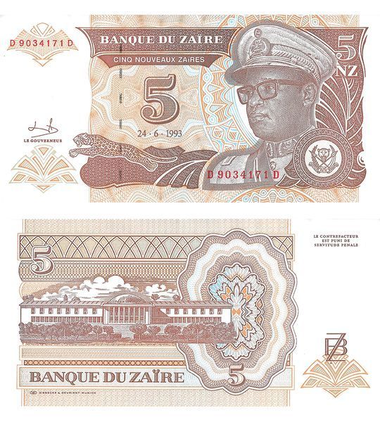5 Nouveaux Zaires, Zaire, 1993, UNC