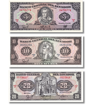 3 Banknotes 5, 10, 20 Sucres, Ecuador, 1988, UNC