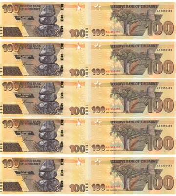 10 банкнот 100 Dollars, Зімбабве, 2020 ( 2022 ) рік, aUNC / UNC 002416 фото
