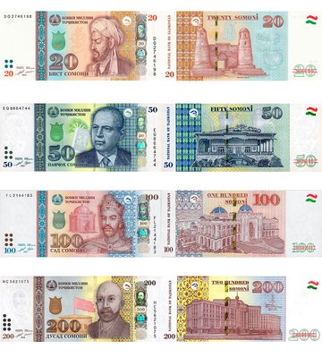 4 banknotes 20, 50, 100, 200 Somoni, Tajikistan, 2010 - 2021, UNC
