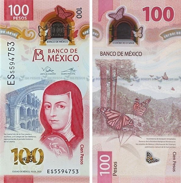 100 pesos, Messico, 2023, UNC Polimero 004058 фото 100 pesos, Messico, 2023, UNC Polimero 004058 фото