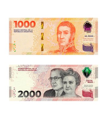 2 banknoty 1000, 2000 Pesos, Argentyna, 2023, UNC