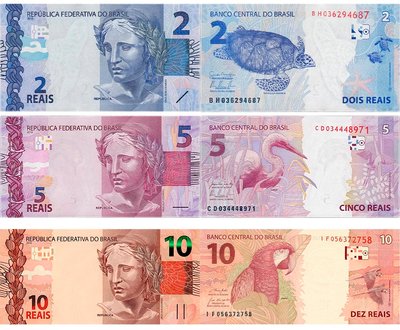 3 banknotes 2, 5, 10 Reais, Brazil, 2019 ( 2010 ), UNC