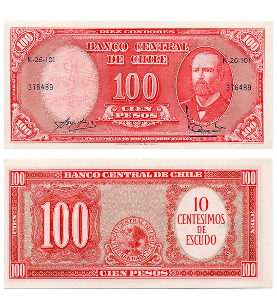 10 Centimos de Escudo on 100 Pesos, Chile, 1960 - 1961, UNC