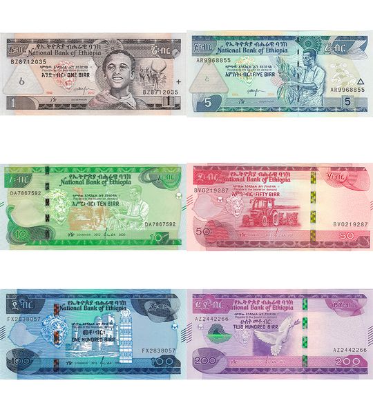 6 banknotes 1, 5, 10, 50, 100, 200 Birr, Ethiopia, 2006 - 2023, UNC