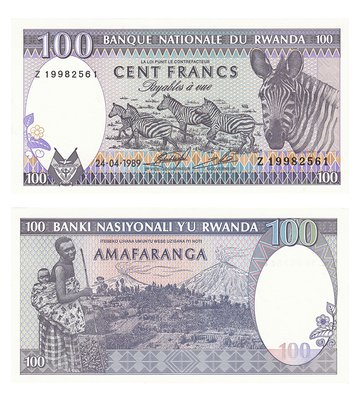 100 Francs, Rwanda, 1989, UNC