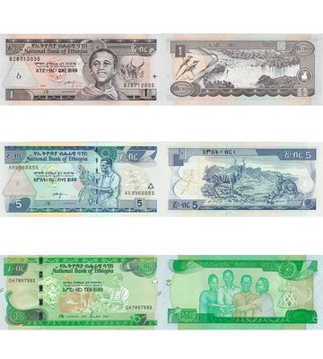 3 банкноти 1, 5, 10 Birr, Ефіопія, UNC 002620 фото