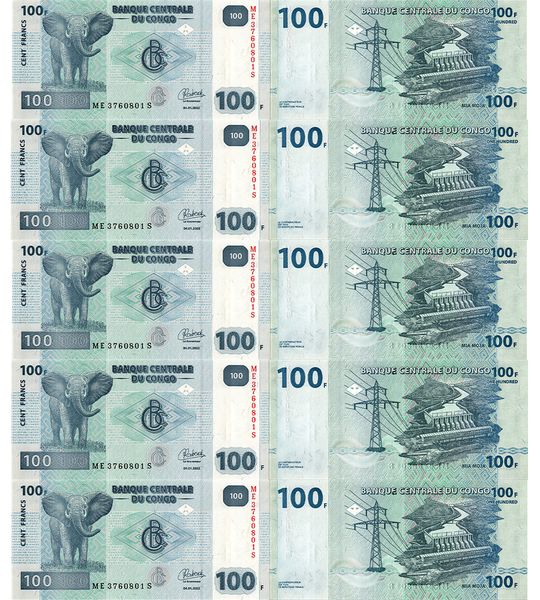 10 банкнот 100 Francs, Конго, 2022 рік, UNC 001325 фото