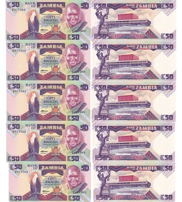 10 банкнот 50 Kwacha, Замбія, 1986 - 1988 рік, UNC 001853 фото