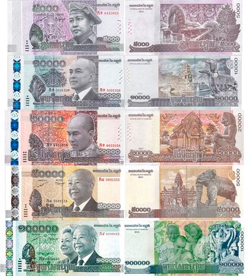 5 banknotes 5000 - 100000 Riels, Cambodia, 2012 - 2022, UNC