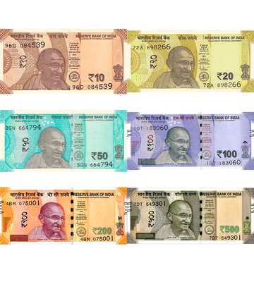 6 banknotes 10, 20, 50, 100, 200, 500 Rupees, India, 2021 - 2022, UNC