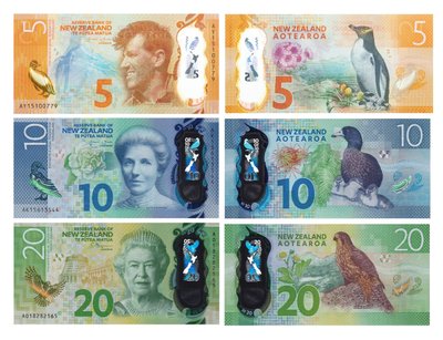 3 banknotes 5, 10, 20 Dollars, New Zealand, 2016, UNC Polymer