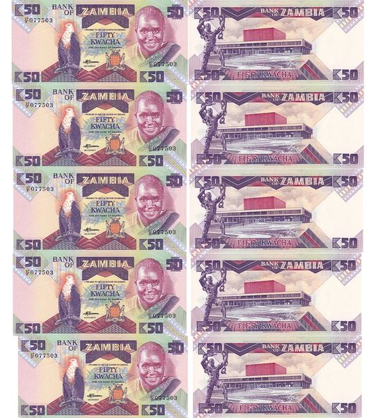 10 банкнот 50 Kwacha, Замбія, 1986 - 1988 рік, UNC 001853 фото
