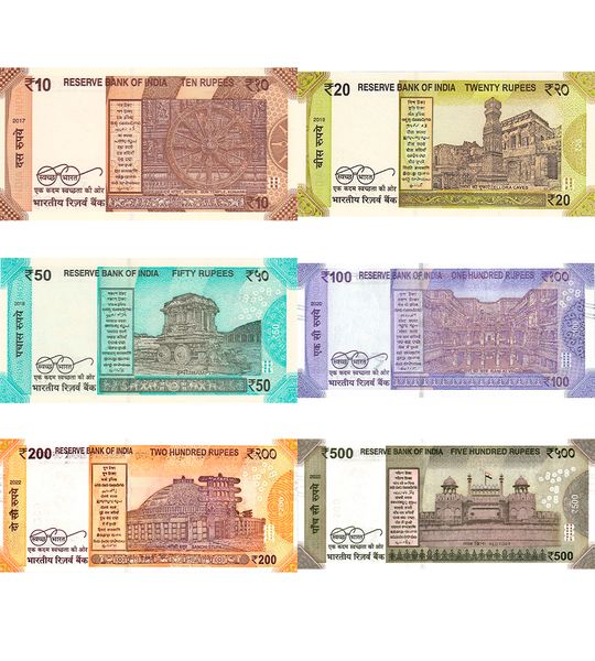 6 banknotów 10, 20, 50, 100, 200, 500 Rupees, India, 2021 - 2022, UNC