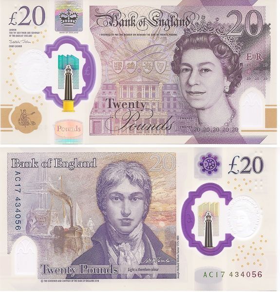 20 Pounds, Англія, 2018 рік, UNC Polymer 004298 фото 20 Pounds, Англія, 2018 рік, UNC Polymer 004298 фото