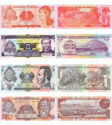 4 banknotes 1, 2, 5, 10 Lempiras, Honduras, 2014 - 2019, UNC