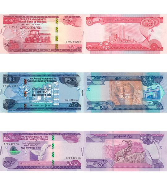 3 banknotes 50, 100, 200 Birr, Ethiopia, UNC