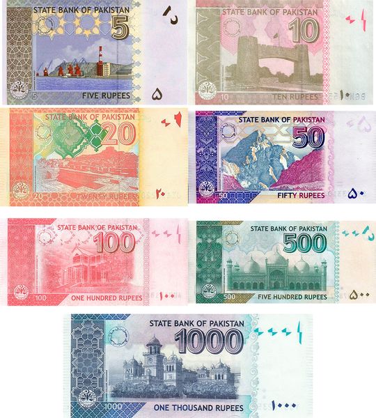 7 banknotów 5, 10, 20, 50, 100, 500, 1000 Rupees, Pakistan, 2009 - 2022, UNC