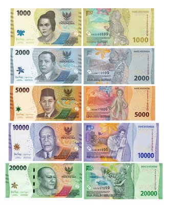 5 banknotes 1000, 2000, 5000, 10000, 20000 Rupiah, Indonesia, 2022, UNC