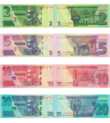 4 banknotes 2, 5, 10, 20 Dollars, Zimbabwe, 2019 ( 2020 ), UNC