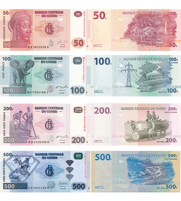 4 banknoty 50, 100, 200, 500 Francs, Kongo, 2013 - 2022, UNC