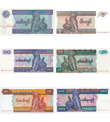 6 банкнот 1, 5, 10, 20, 50, 100 Kyats, М'янма, UNC 000510 фото