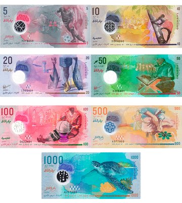 7 banknotów 5, 10, 20, 50, 100, 500, 1000 Rufiyaa, Malediwy, 2015 - 2022, UNC Polymer