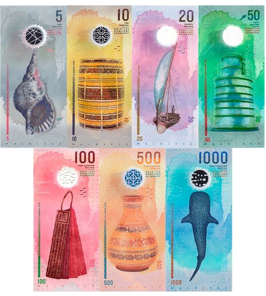 7 banknotes 5, 10, 20, 50, 100, 500, 1000 Rufiyaa, Maldives, 2015 - 2022, UNC Polymer