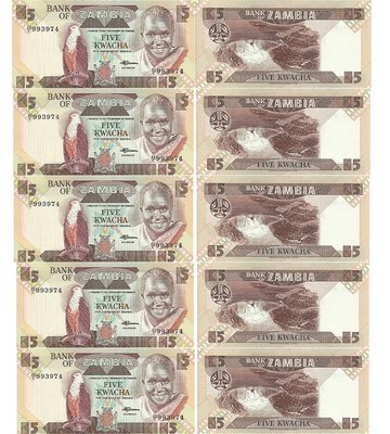 10 banknotes 5 Kwacha, Zambia, 1980 - 1988, UNC