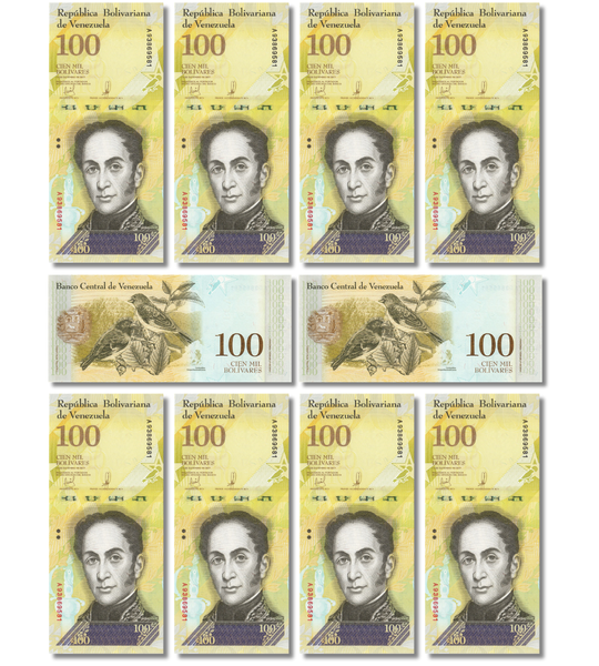 10 banconote da 100.000 Bolivares, Venezuela, 2017, UNC 002427 фото