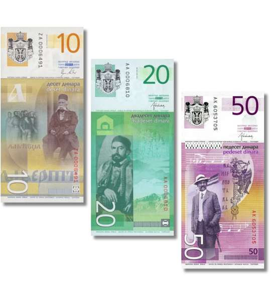 3 banknoty 10, 20, 50 dinarów, Serbia, 2011 - 2013 rok, UNC